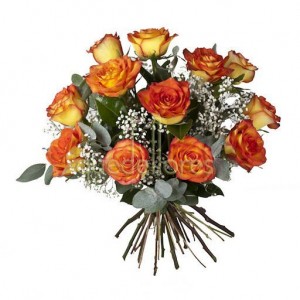 Bouquet de 12 rosas amarillas  con borde del pétalo rojo