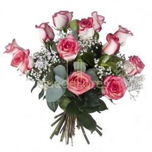 Bouquet de 12 rosas blancas con el borde rosa