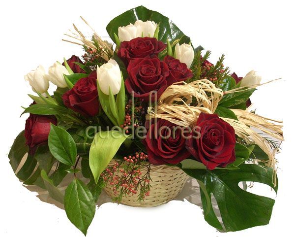cesta con tulipanes blancos, rosas rojas